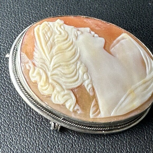 VTG Cameo‎ Shell Pendant Brooch 1 3/8" Victorian Lady 800 Fine Silver Italy MCM - Picture 6 of 12